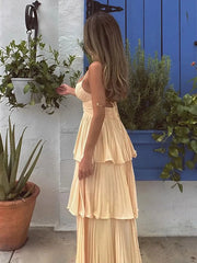Aiertu  -  layered look inspo Femmale Yellow Sexy V-neck High Waist Bodycon Long Dresses Women Backless Lace Up Multi Layer Maxi Dress 2025 Casual Party Wear Aiertu