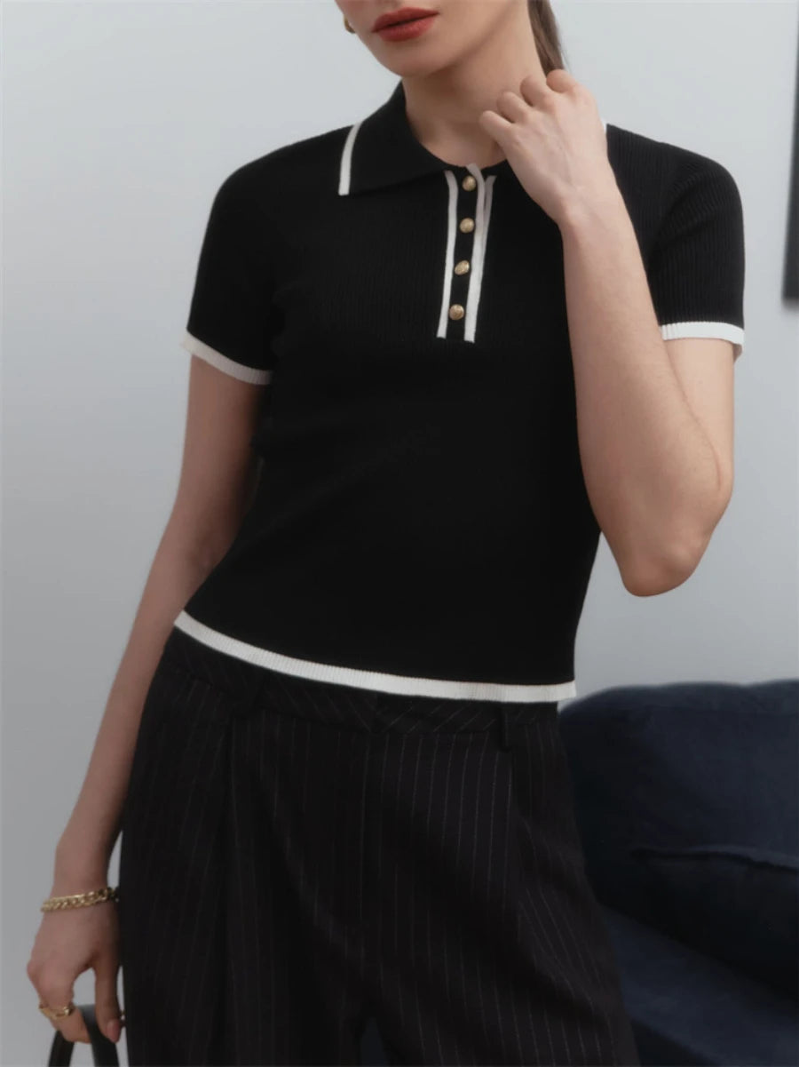 Aiertu  -  Knit Sweater Pullover Women Short Sleeve Patchwork Slim  Elegant Contrast Knitwear Top Female Skinny Ribbed Pullover Aiertu