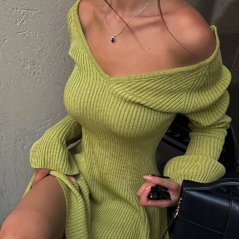 Aiertu  -  Autumn Winter Sweater Dress Sexy Off-Shoulder Women's A-Line Hem Elegant Rib Knit Mini Dresses Long Sleeve Higt Waisted Aiertu