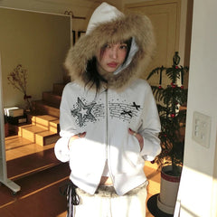 Aiertu  -  casual winter outfits Y2K Furry Hoodies Women Fashion Star Rhinestone Bow Patchwork Zipper Jacket Harajuku Grunge Hooded Coat Korean Girl Aiertu