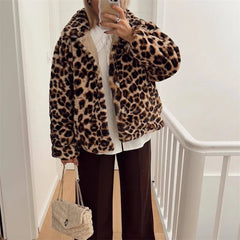 Aiertu  -  Fashion Double-Side Beige and Leopard Quilted Cotton Jacket For Women Winter Turn-down Collar Single-breasted Pocket Outerwear Aiertu