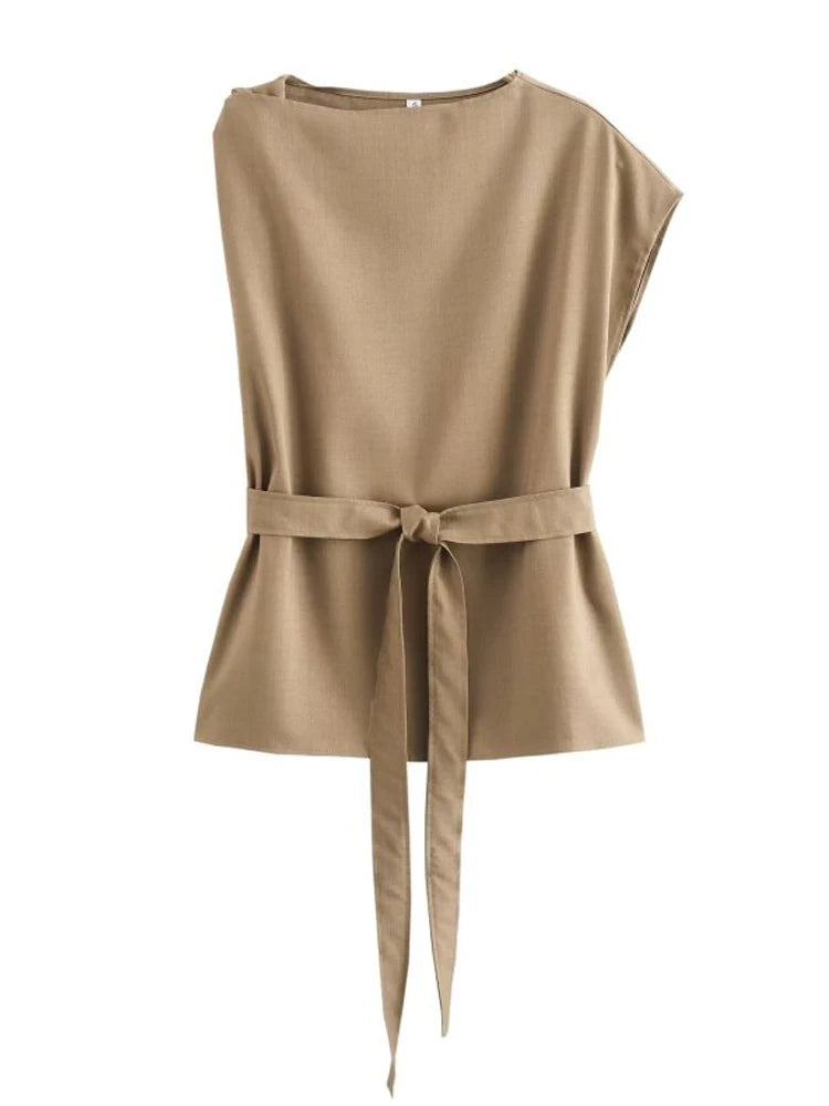 Aiertu  -  Women Summer Blouses Shirts Tops Fashion Solid O-Neck Asymmetry Sashes Bow Female Elegant Street Top Clothing Aiertu