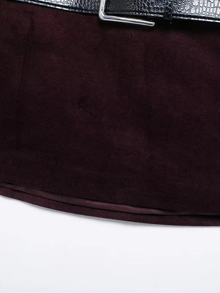 Aiertu  -  Women Fashion With Belt Wine Red Side Zipper Mini Skirt Vintage High Waist Female Chic Lady Skirts Aiertu