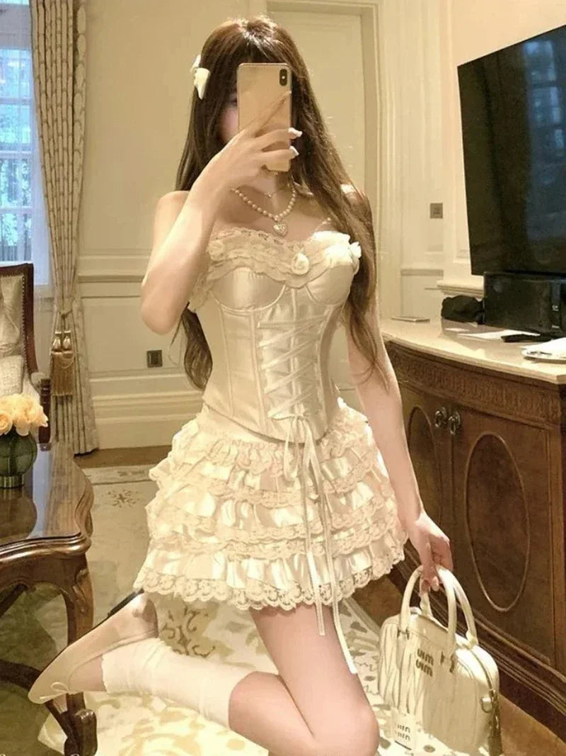 Aiertu  -  Y2K 2 Piece Sets Women Outfit Sexy Crop Lace Bandage Tank Tops + Ruffles Ball Gown Mini Skirt Summer Gyaru Design Clothes Aiertu
