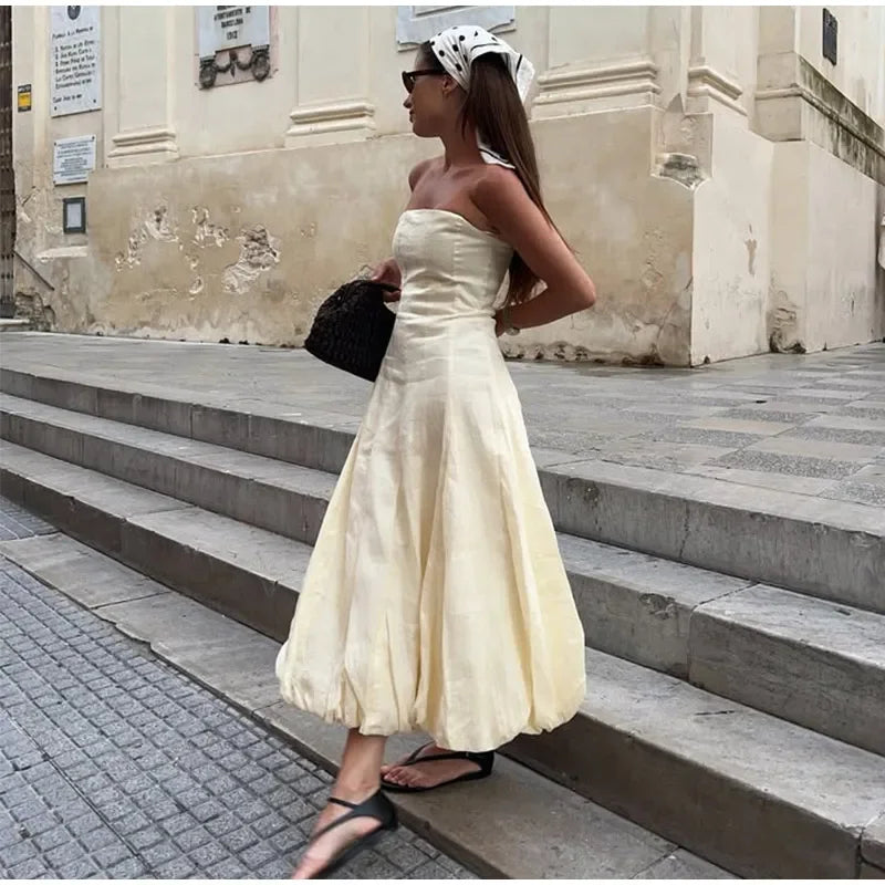 Aiertu  -  Elegant A-line Long Flower Bud Dress Women Evening High Waist Backless Sleeveless Tube Dresses 2025 Summer Gown Solid Vestidos Aiertu