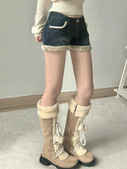 Aiertu Casual Sweet Fur Trim Denim Shorts Korean Style Cute Basic Slim Low-Waisted Shorts Women Winter Fashion Streetwear Aiertu