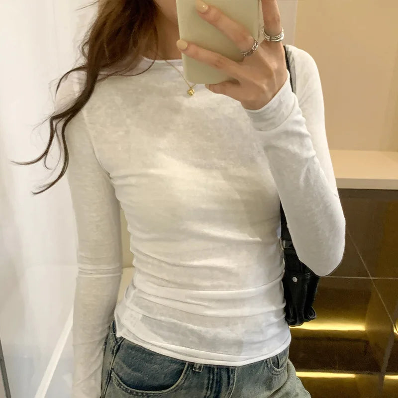 Aiertu Spring Autumn T shirt Women Tops Solid Slim Fit Long Sleeve O Neck Tshirts Female Casual Streetwear High Quality Base Tees Aiertu