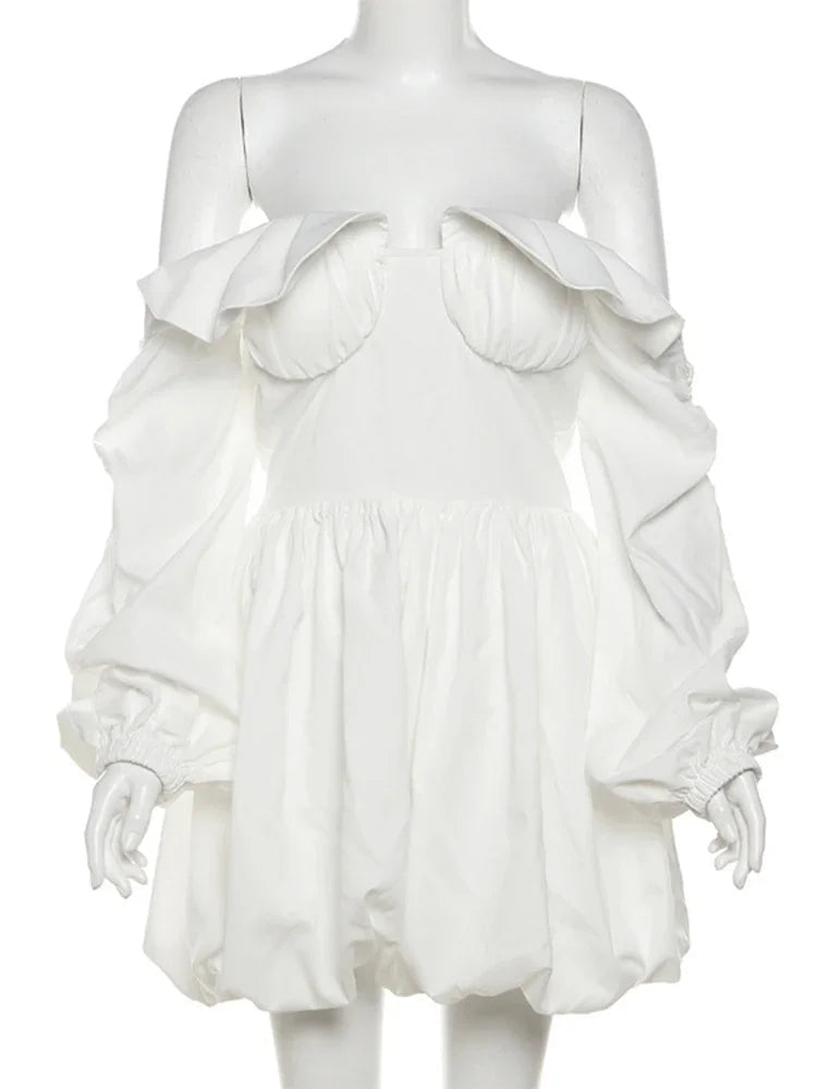 Aiertu  -  Off Shoulder Ruffle Dress White Slim Sexy Backless Long Sleeve Mini Dresses For Women's Patchwork Club Party Dress Femme Aiertu