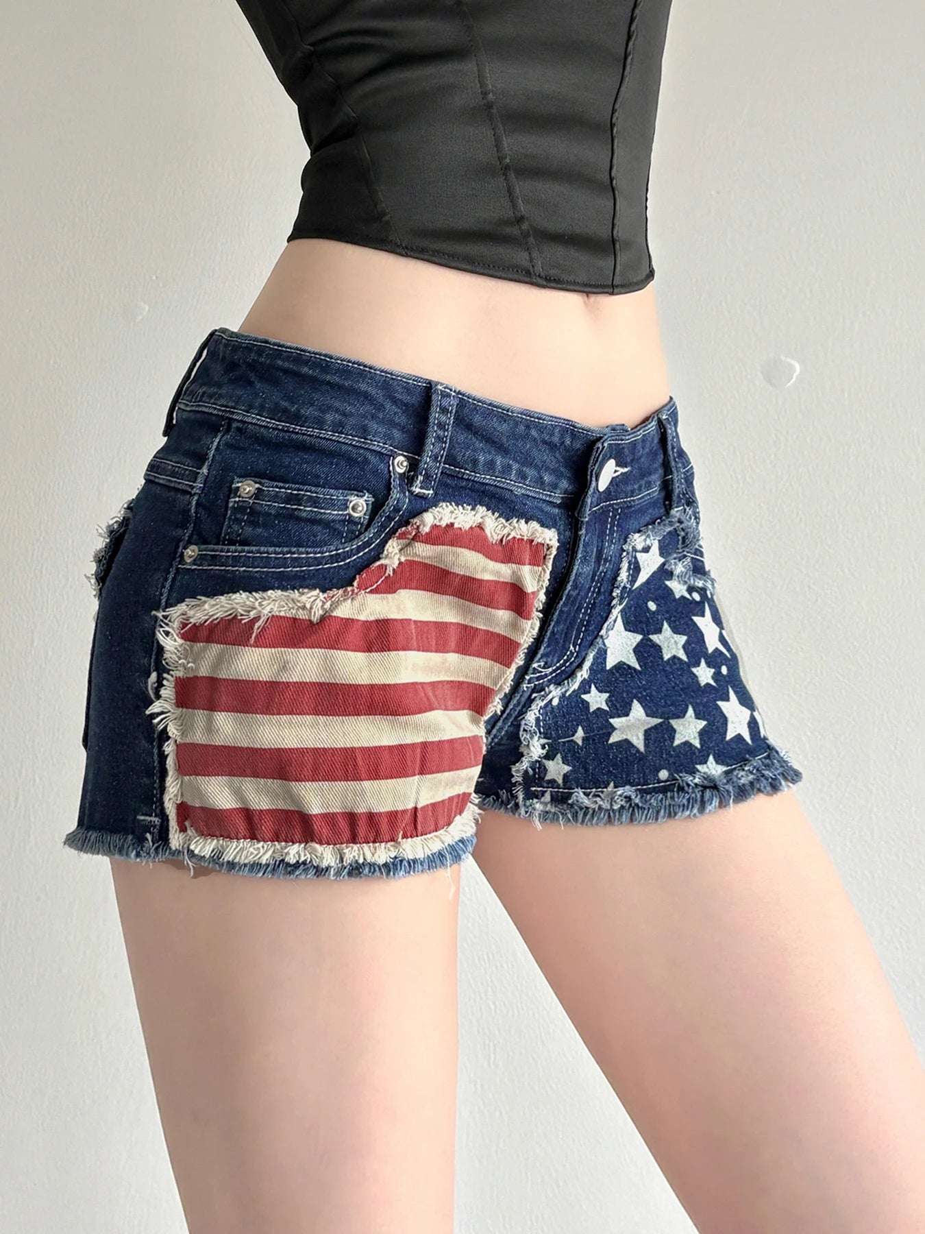 Aiertu  -  Asymmetrical Print Retro Denim Shorts Distressed y2k Low Rise Skinny Hot Sexy Denim Shorts Summer Streetwear Chic Shorts Aiertu