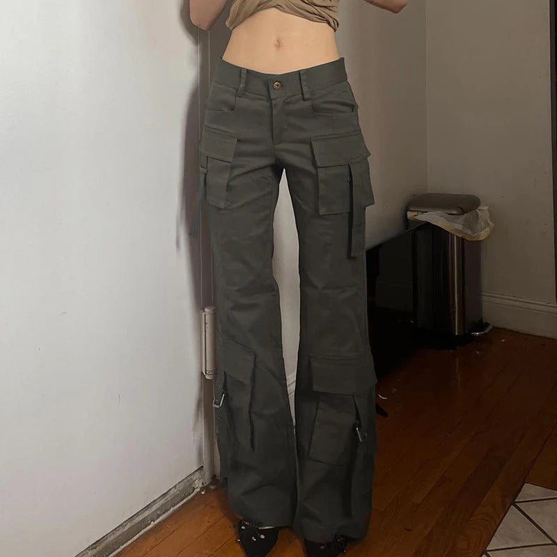 Aiertu  -   Grunge Style Women Y2K Jeans Low Rise Pocket with Buckle Cargo Pants Vintage Stylish Denim Trouser Fashion Streetwear Aiertu
