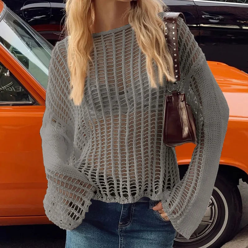 Aiertu  -  Hollow Out Pullover Pullover Women Oversize Kniited Long Sleeve Sweater Femme Beach Sexy Knitwear Cover-up Ladies 2026 Aiertu