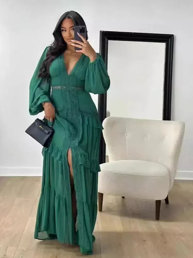 Aiertu  -  Autumn Winter Elegant Patchwork Dress Long Sleeve V-neck Ruffles Lace Maxi Dress Lady Party Holiday Streetwear Robes New Aiertu