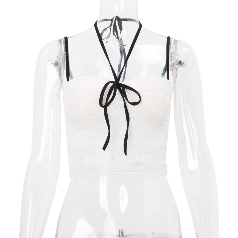Aiertu  -  Halter Y2K Crop Tops Lace Brassiere and Hollow Out Bra Outfits Sexy Backless Sweet Cute Bow Detail Top Coquette Aiertu