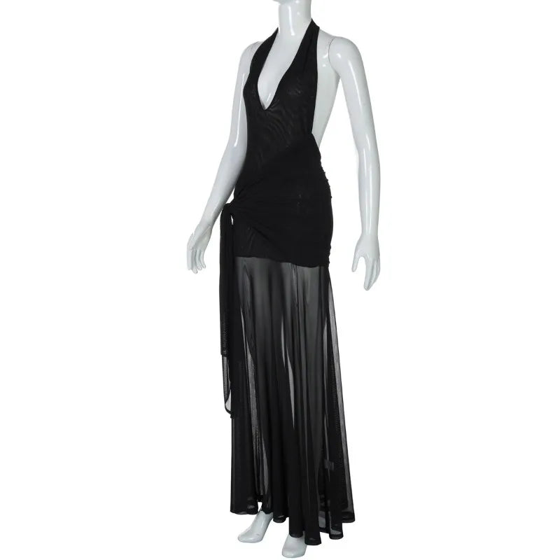 Aiertu  -  Women Sexy See Through Mesh Backless Halter Maxi Dress Deep V-neck Sleeveless Lace Up Ribbon Ruched Bodycon Club Party Long Robe Aiertu