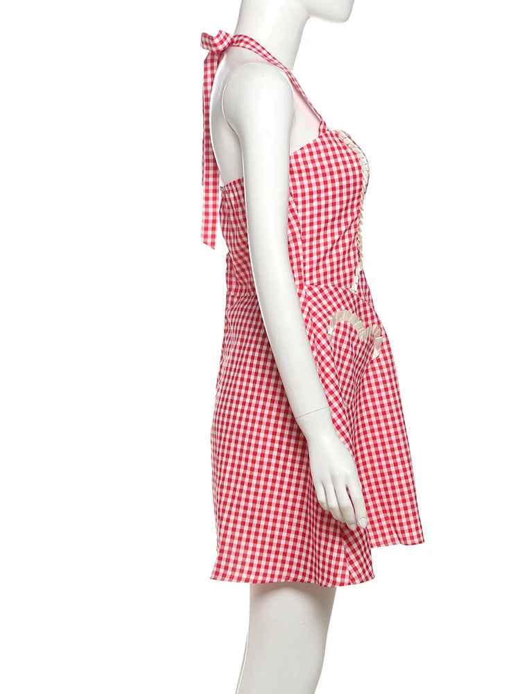 Aiertu  -  Puss Plaid Patchwork Mini Dress Women Lace-Up Halter Button Decorated Backless Vacation Street Sweet Style Fashion Outfits Aiertu