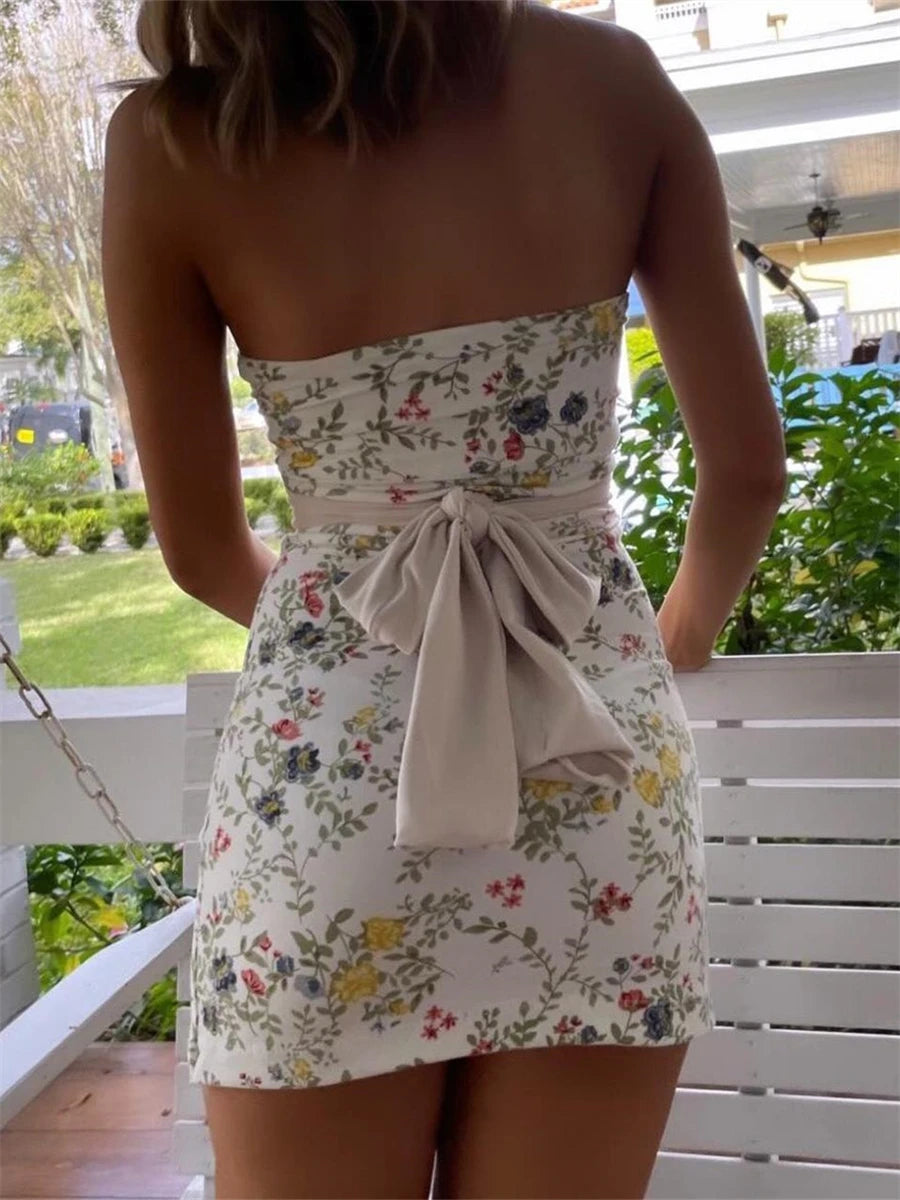 Aiertu Floral Bandeau Tube Top Mini Dress Women Off-Shoulder Strapless Bodycon Party Dress Backless Bow Knotted Vestidos Aiertu