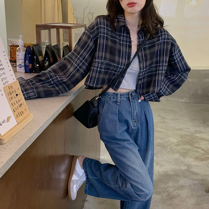 Aiertu Harajuku Crop Plaid Shirts Women Vintage Long Sleeve Loose Sunscreen Blouses Korean Fashion Casual All Match Top Thin Coat Aiertu