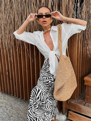 Aiertu  -  Fashion Black Stripe Print Long Skirt For Women Causal Loose High Waist Streetwear 2026 New Lady Vocation Holidays Beach Skirts Aiertu