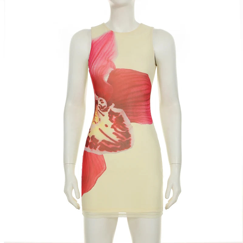 Aiertu  Holiday Floral Bodycon Dress Beach Style Sexy Slim O-Neck Sleeveless Mini Dresses For Women 2025 Summer Fashion Lady Aiertu