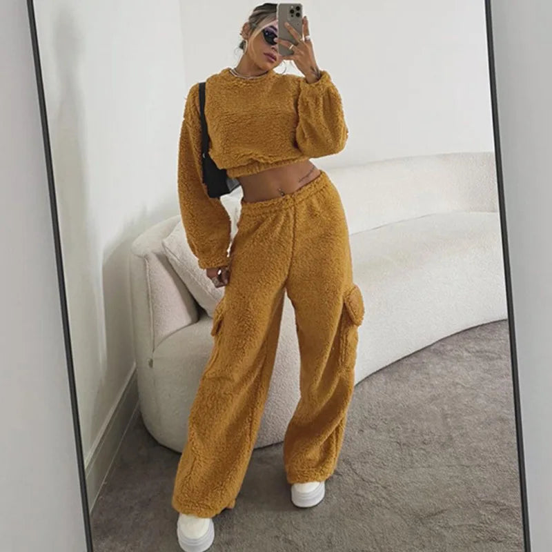 Aiertu      -  Solid Plush Long Sleeve Sweatshirt Trousers Two-Piece Set Female Casual Crop Top Matching Set Lady Autumn Winter Warm New Aiertu