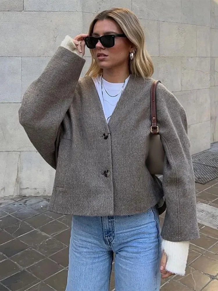 Aiertu  -  Chic Button Pockets V Neck Crop Jacket For Women Casual Solid Long Sleeves Short Coat 2026 New Autumn Lady Office Outerwear Aiertu