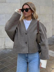 Aiertu  -  Chic Button Pockets V Neck Crop Jacket For Women Casual Solid Long Sleeves Short Coat 2026 New Autumn Lady Office Outerwear Aiertu