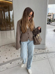 Aiertu     -  Fall Outfits 2026 Elegant Marron V-neck Knitted Cardigans With Pocket Casual Single Breasted Long Sleeve Knitwear Women New Autumn Commute Sweater Aiertu