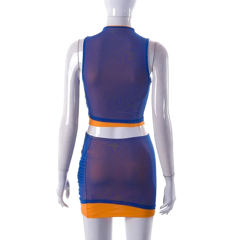 Aiertu  -  Round Neck Patchwork Sleeveless Sheer Mesh Pleated Crop Top Mini Skirt Lady Street Trendsetter Outfit Two Piece Set Aiertu