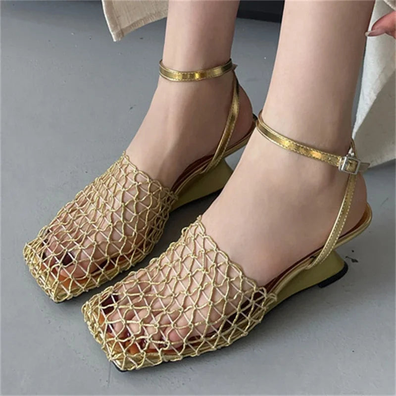 Aiertu  -  Street Style Breathable Holes Mesh Square Toe Woman Pumps Fashion Buckle Strap High Heels Mules Summer Shoes Aiertu