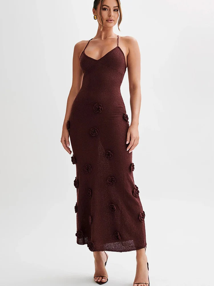 Aiertu  -  Elegant 3D Flower Knitted Long Dress Women Deep V-neck Spaghetti Strap Backless Sleeveless Beach Dresses 2025 Summer Lady Robes Aiertu