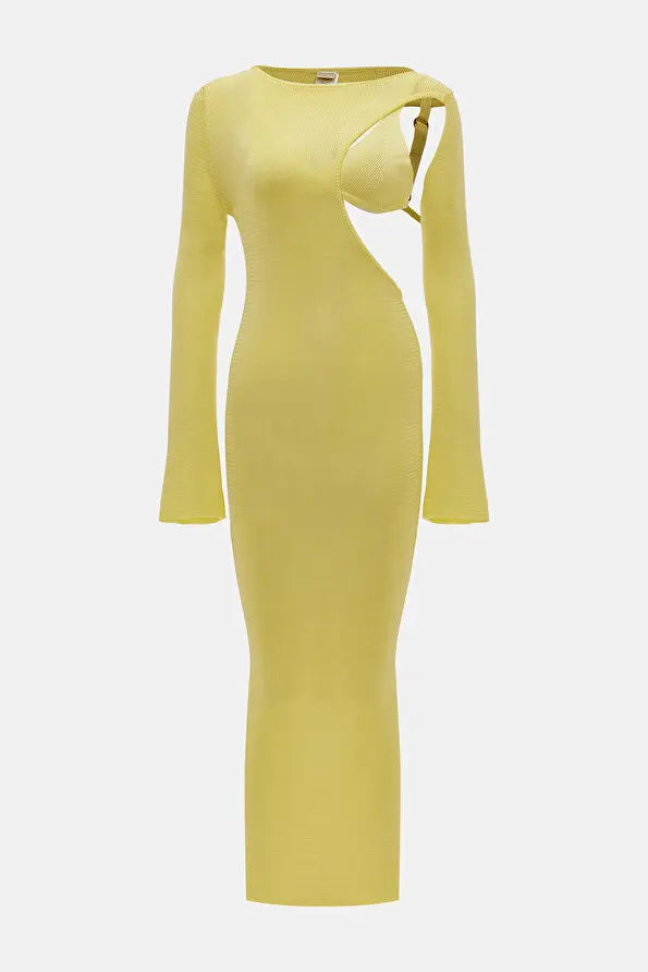 Aiertu  -  New Spring Sexy Holiday Cut Out Maxi Dress for Women Long Sleeve Beachwear Dresses Yellow Knitted Skinny Elegant Vestidos Aiertu