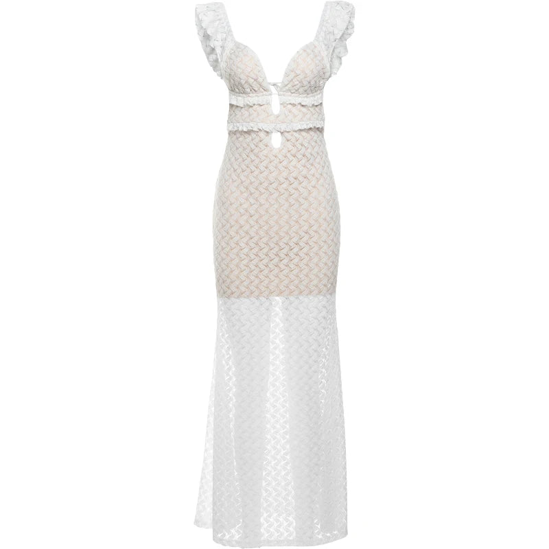Aiertu  -  Pretty Dress Woman Hollow Ruffles Summer Sleeveless Backless Strap Solid Lace Tierred Chic Elegant Party Skinny Vestidos Aiertu