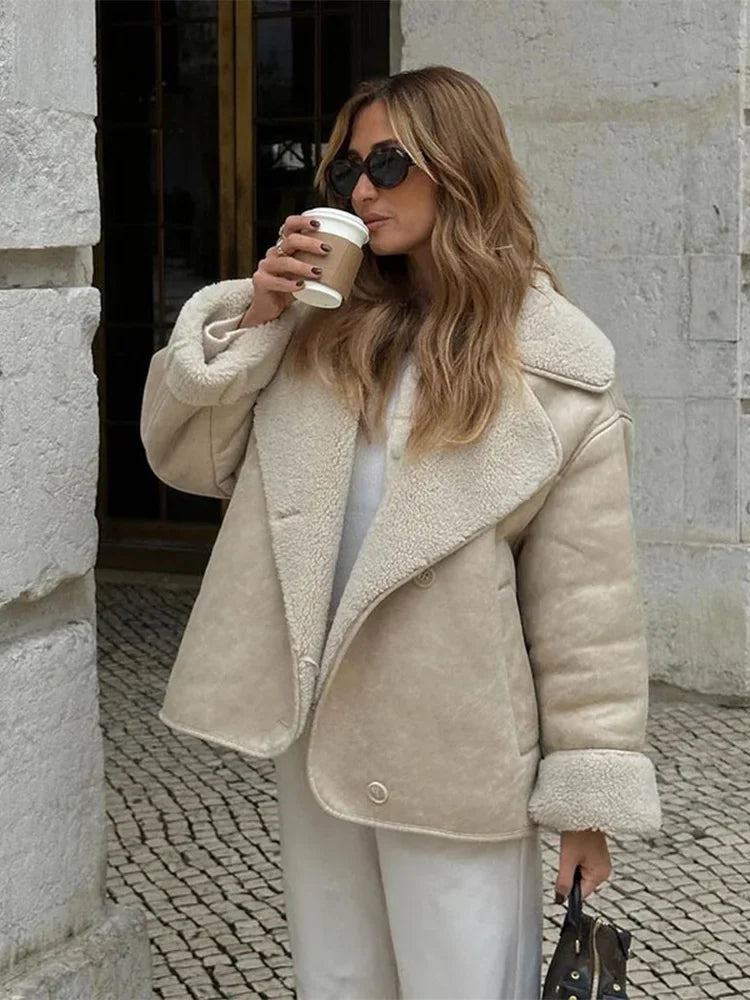 Aiertu  -  Women Fashion Lapel Leather Lamb Wool Jacket Chic Single-breasted Long Sleeves With Pocket Warm Coat 2026 Lady High Streetwear Aiertu