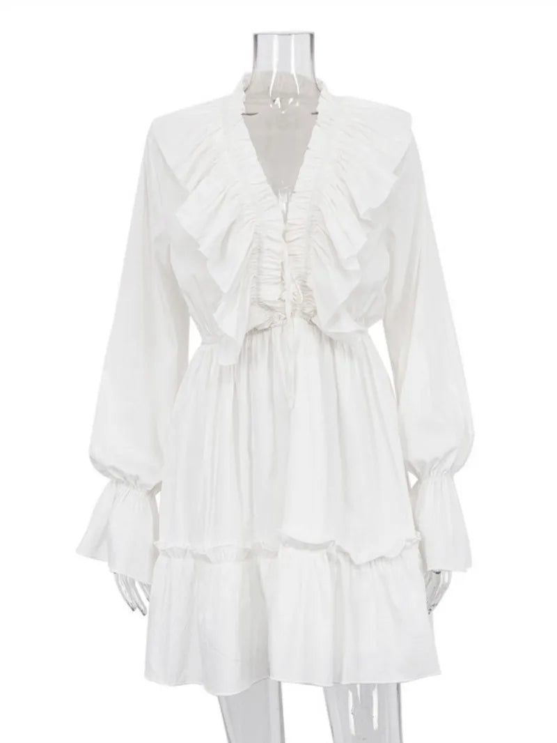 Aiertu  -  2026 Fashion V-neck Ruffles White Short Dress Streetwear Woman Autumn High Waist Bandage Tunics A-line Party Dresses Female Aiertu