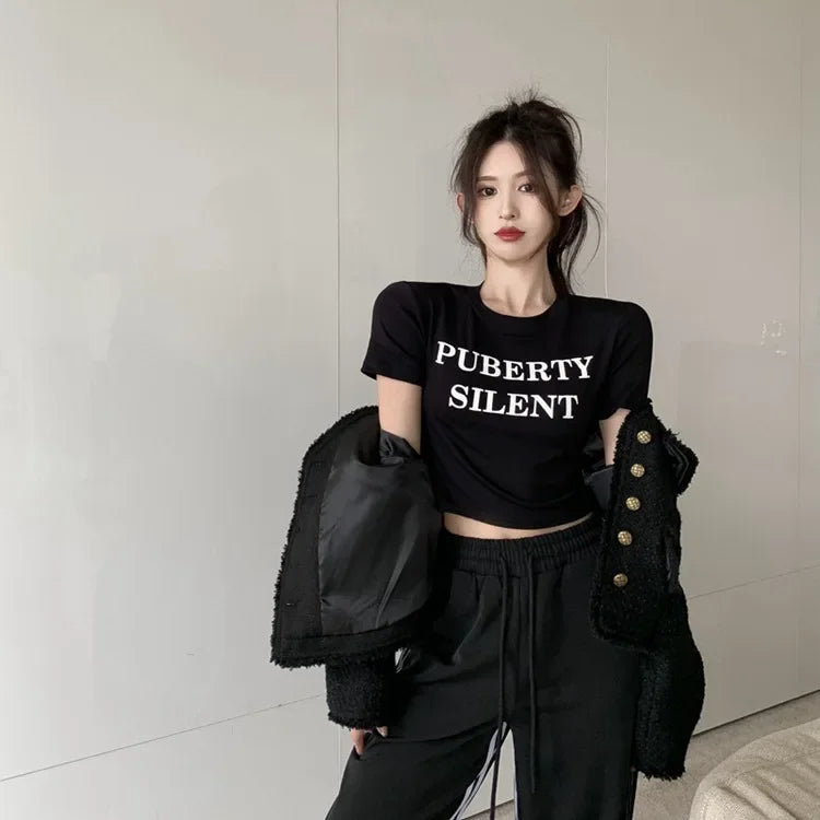 Aiertu  -  Short Sleeved T-shirt Women's Short Base Shirt 2026 Spring and Summer Slimming Slim Fit Letter White Student Top Female Clothes Aiertu