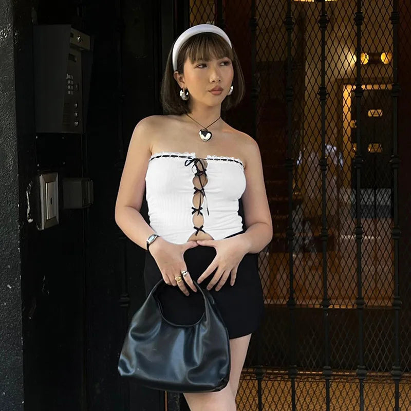 Aiertu  -  Pure desire wind contrasting color tube top hollow strap strap sleeveless tube top women's spring and summer Aiertu