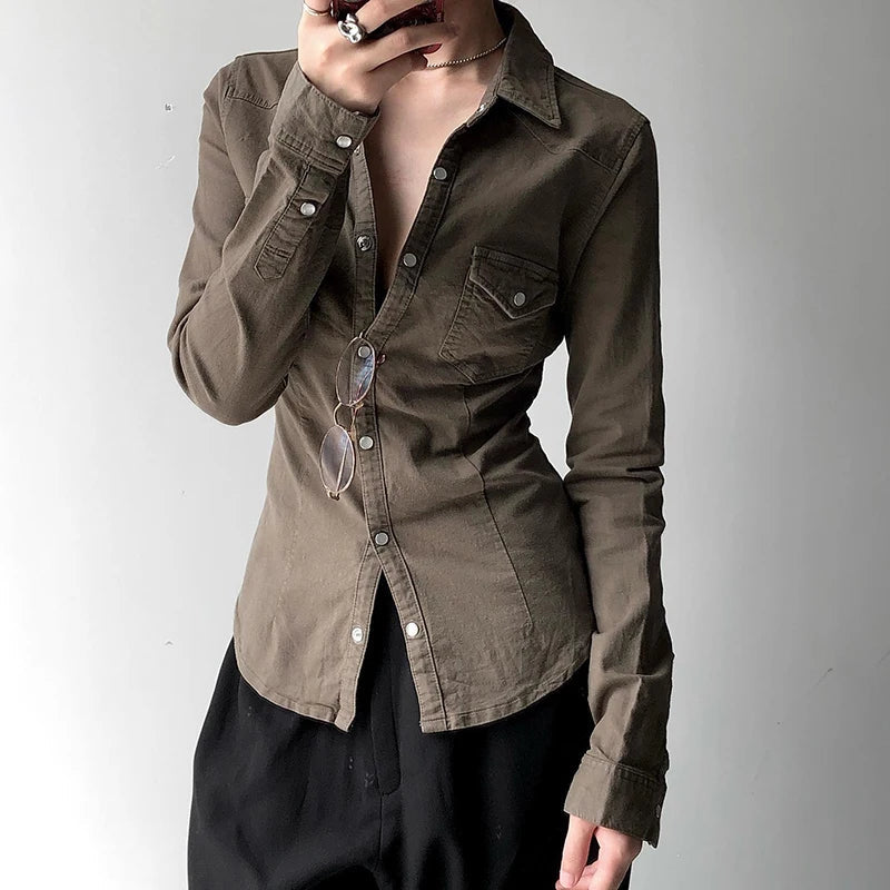 Aiertu  -  Vintage Turndown Collar Khaki Denim Shirt Y2K Casual Autumn Long Sleeve Buttoned Jeans T-shirt Fashion Women Slim Tee Aiertu