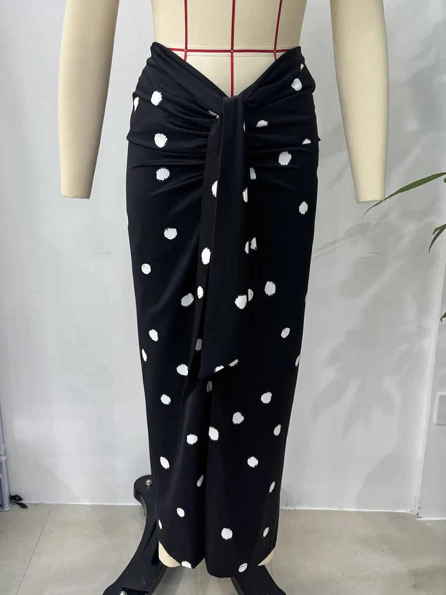 Aiertu  -  Polka Dot Print Black Midi Skirt Women High Waist Folds Elegant Slim Split Long Skirts Summer New Vintage Casual Fashion Faldas Aiertu