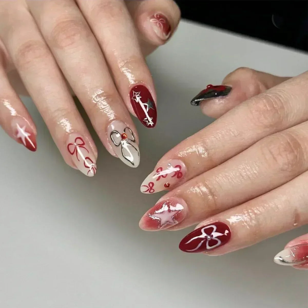 Aiertu 24Pcs Pink Almond French Press on Nails With 3D Bow ripple charms Design Fake Nails Ballerina False Nails Full Cover Nail Tips Aiertu