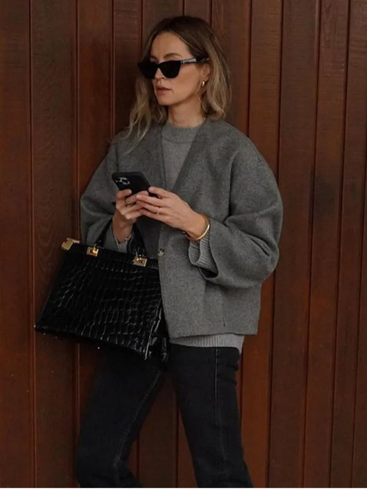 Aiertu  -  Casual Single Button Woolen Coat Women 2026 Long Sleeve Loose Short Autumn Winter Coat Female Elegant Grey Chic V-neck Coats Aiertu