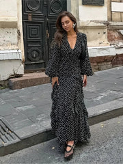 Aiertu  -  Dots Print Long Dresses Women Sexy V Neck Puff Sleeve Ruffle Maxi Dress Summer Elegant Casual Fashion A-line Vestidos New Aiertu