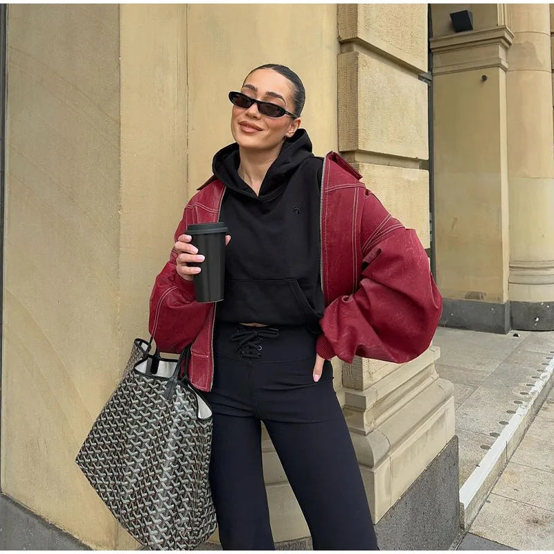 Aiertu  -  Loose Patchwork Leather Jackets Women Fashion Lapel Zipper Pockets Long Sleeve Coats 2026 Autumn New Female Chic Tops Streetwear Aiertu