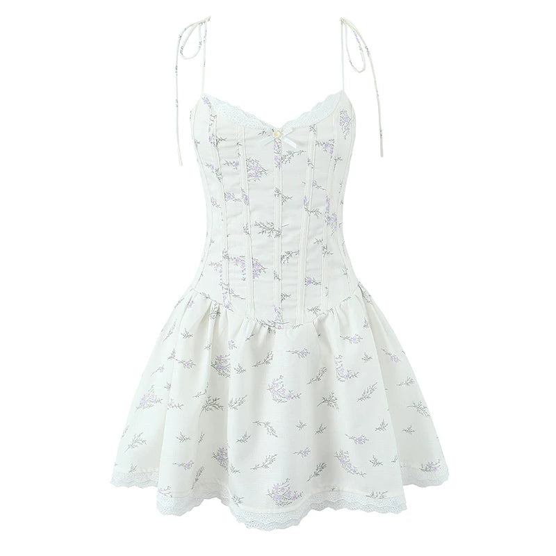 Aiertu  -  Sweet Girl Lace Spliced Floral Print Sexy Spaghetti Straps Dress Women V Neck Low Waist A-line Mini Summer Dresses Party Vestido Aiertu