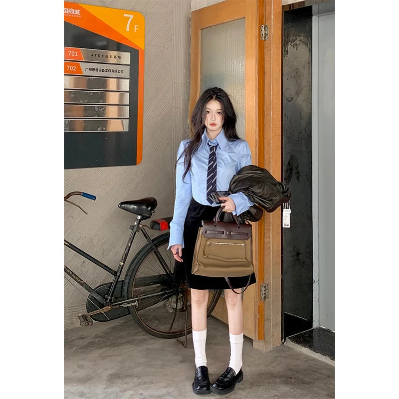 Aiertu Streetwear Tie Shirts Women Preppy Jk White Long Sleeve Crop Tops Student Korean College Slim Blouses Spring Autumn New Aiertu