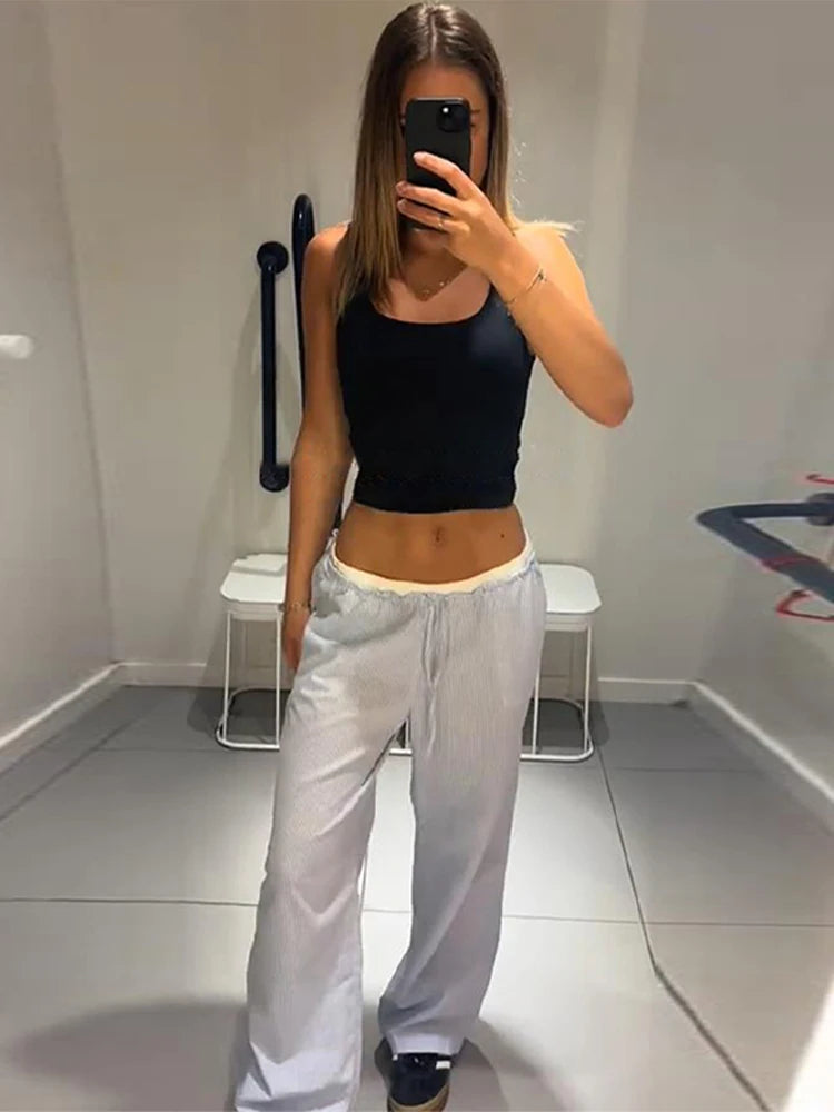 Aiertu  -  Casual Baggy Pants Women High Waist Wide Leg Straight Drawstring 2025 Summer Trouser Low Waist Striped Holiday Street Pants Aiertu