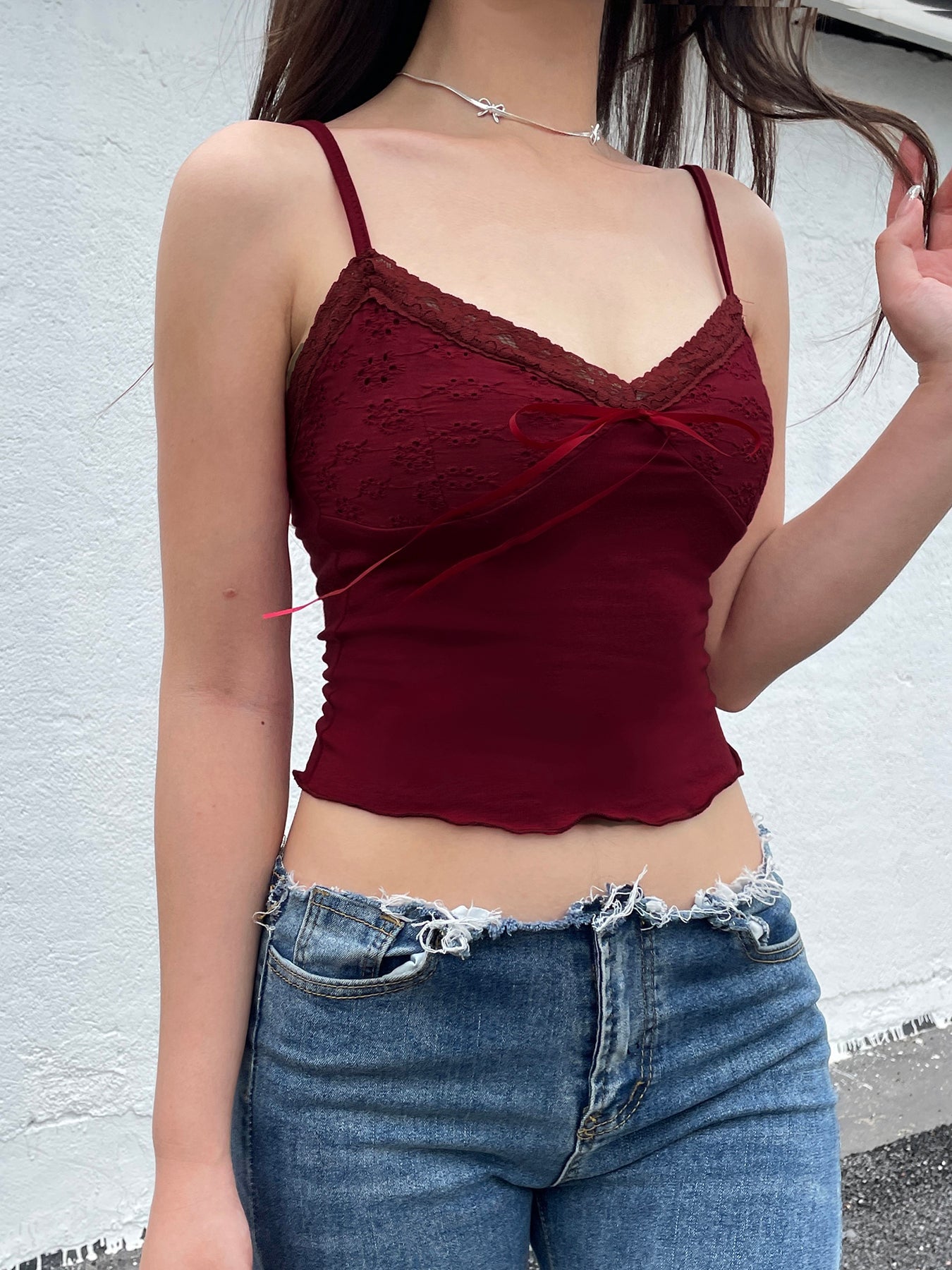 Aiertu - summer inspo Christmas Red Vintage Elegant Camisole Lace Trim V Neck Tie Bow Sleeveless Slim Cute Crop Top Women Y2K Streetwear Clothes Aiertu