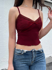 Aiertu - summer inspo Christmas Red Vintage Elegant Camisole Lace Trim V Neck Tie Bow Sleeveless Slim Cute Crop Top Women Y2K Streetwear Clothes Aiertu