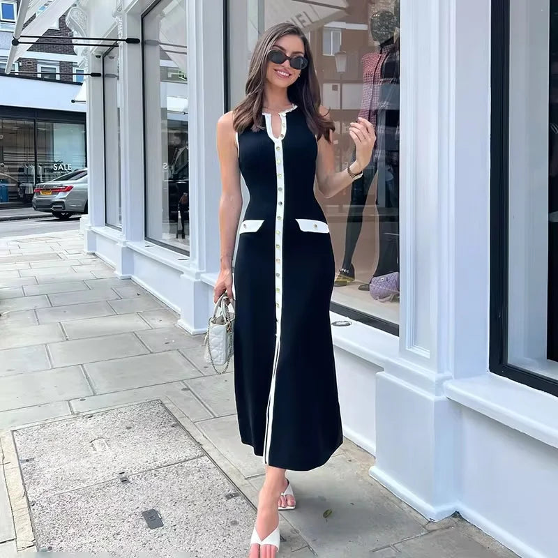 Aiertu  -  Elegant Sleeveless Single-breasted Ribbed Sweaters Long Dress for Women High Waist Bodycon Knitted Fake Pocket Dress New Aiertu