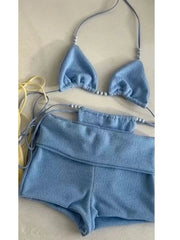 Aiertu  -  Bikini with Pants Swimwear Women Sexy Halter Tie Knot Two-Piece Bikini Set Soild Swimsuit Shimmer Bathing Suit Summer Aiertu