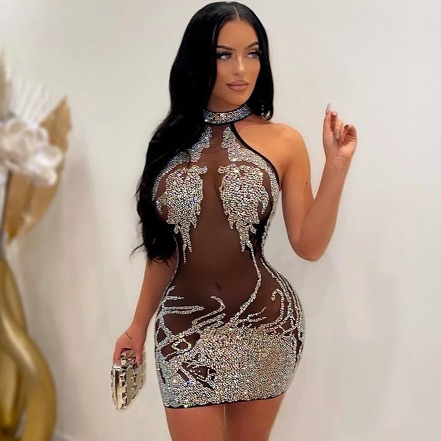 Aiertu Sylph Summer Eveing Dresses Sleeveless New Women Clothes Sexy Tight Mesh Hot Drill Perspective Nightclub Mini Drss Vestidos Aiertu